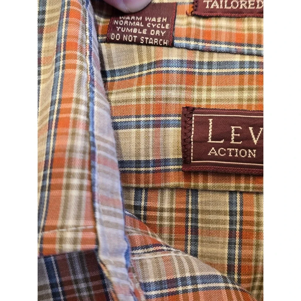 Levis Action Shirt Mens Small Orange Plaid Long Sleeve Button Down‎ Made in USA